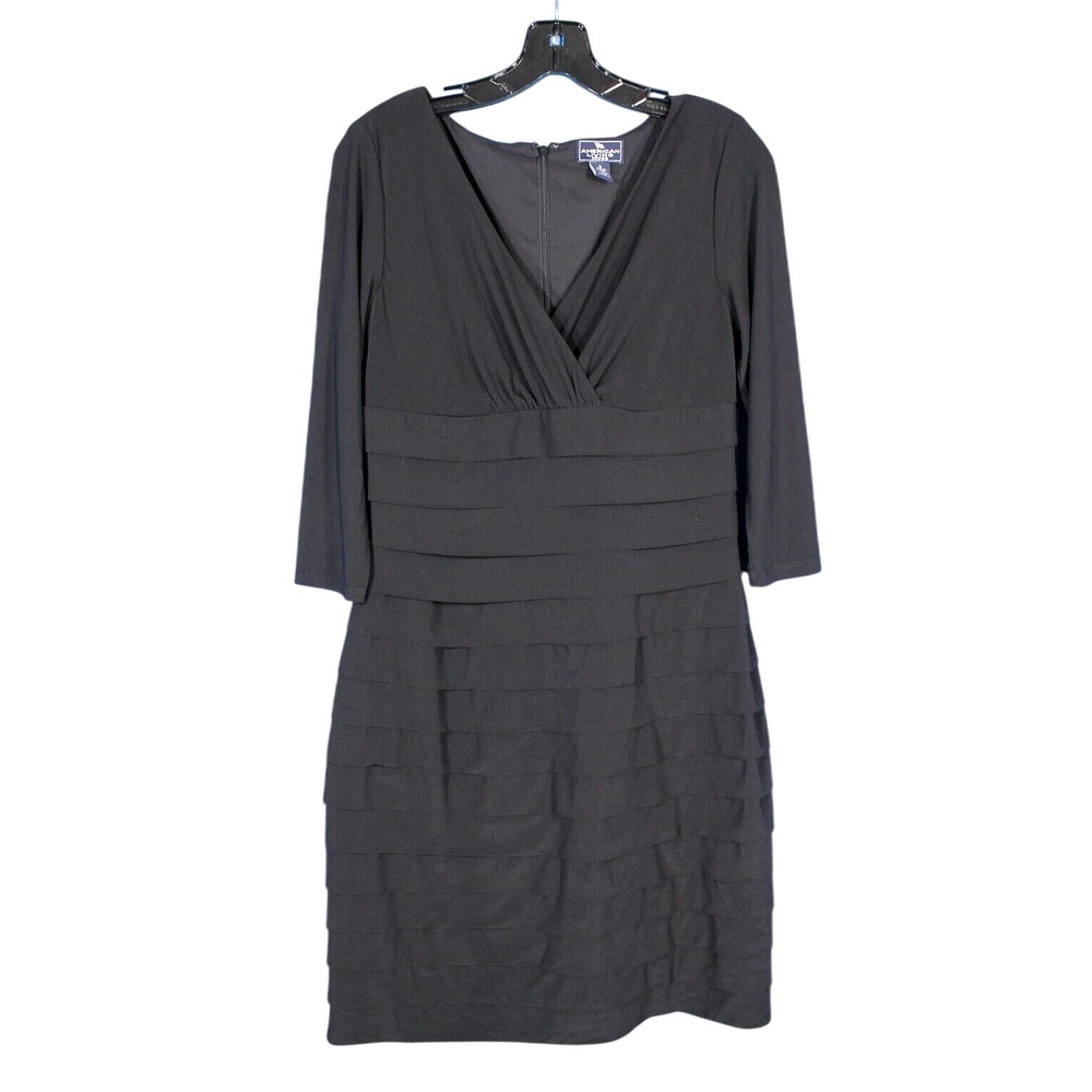 AMERICAN LIVING Black TIERED SILKY V-Neck PARTY/COCKTAIL Knit SHEATH DRESS Sz 8